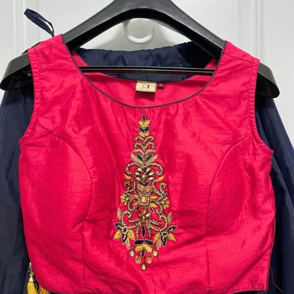 3pc designer Lehenga with long jacket/ Navy Blue and yellow/ chaniya choli - Picture 11 of 13